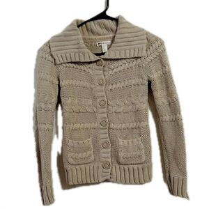 Tan Cardigan Sweater with Textured Knit and Shawl Collar